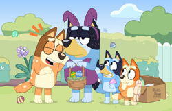 Size: 1280x830 | Tagged: safe, artist:dm29, bandit heeler (bluey), bingo heeler (bluey), bluey heeler (bluey), chilli heeler (bluey), australian cattle dog, canine, dog, mammal, semi-anthro, bluey (series), 2023, bedroom eyes, black nose, bunny ears, bunny suit, clothes, crossdressing, daughter, digital art, ears, easter basket, easter egg, egg, eggs, eyes closed, father, father and child, father and daughter, female, fur, garden, husband, husband and wife, laughing, leotard, male, mother, mother and daughter, mother and father, open mouth, parents, siblings, sister, sisters, tail, tongue, unamused, why me, wife