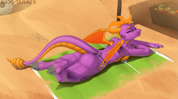Size: 2575x1431 | Tagged: suggestive, artist:shido-tara, spyro the dragon (spyro), dragon, fictional species, anthro, spyro the dragon (series), beach, bikini, breasts, butt, clothes, dragoness, female, horns, huge butt, looking at you, lying down, nudity, one eye closed, partial nudity, purple body, purple eyes, rule 63, sand, solo, solo female, sunbathing, swimsuit, tail, topless, yellow horns