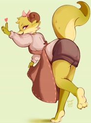 Size: 2746x3687 | Tagged: safe, artist:tohupony, fictional species, kobold, reptile, anthro, barefoot, big butt, breasts, butt, claws, curved horns, feet, female, heart, looking back, love heart, open mouth, open smile, pointing, smiling, soles, solo, solo female, thick thighs, thighs, tippy-toes, toe claws, toes, wide hips