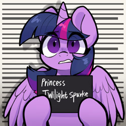 Size: 1037x1033 | Tagged: safe, artist:oofycolorful, twilight sparkle (mlp), alicorn, equine, fictional species, mammal, pony, feral, barbie, friendship is magic, hasbro, mattel, my little pony, 2023, barbie (movie), barbie mugshot meme, eye through hair, eyebrow through hair, eyebrows, feathered wings, feathers, female, frowning, fur, gritted teeth, hair, holding, hoof hold, hooves, horn, looking at you, mare, meme, mugshot, multicolored mane, parody, purple body, purple fur, shrunken pupils, simple background, solo, solo female, spread wings, teeth, text, wide eyes, wings, worried