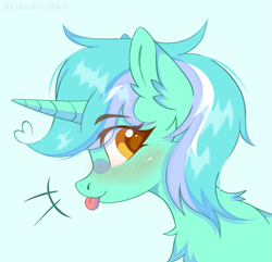 Size: 1591x1535 | Tagged: safe, artist:belkaart0w0, lyra heartstrings (mlp), equine, fictional species, mammal, pony, unicorn, feral, friendship is magic, hasbro, my little pony, 2023, :p, blushing, bust, chest fluff, colored pupils, ear fluff, female, fluff, fur, green body, green fur, hair, mane, mare, portrait, simple background, smiling, solo, solo female, tongue, tongue out, yellow eyes
