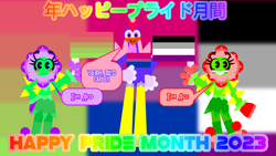 Size: 3840x2160 | Tagged: safe, artist:rachi-rodehills, oc, oc only, oc:rocco, oc:rosetta mayeflowe jr, oc:violetta mayeflowe, animate plant, fictional species, anthro, humanoid, series:random-island, 2023, aroflux, aroflux pride flag, asexual, asexual pride flag, bisexual pride flag, female, flag, flower, group, male, plant, pride, pride flag, pride month, pride month 2023, siblings, sister, sisters, trio, twins