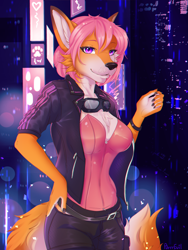 Size: 900x1200 | Tagged: safe, artist:purrr-evil, oc, oc only, canine, fox, mammal, anthro, 2023, black nose, bottomwear, breasts, clothes, commission, cyberpunk, detailed background, digital art, ears, eyelashes, female, fur, hair, jacket, pants, shirt, solo, solo female, tail, thighs, topwear, vixen, wide hips
