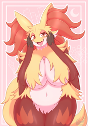 Size: 1605x2295 | Tagged: suggestive, artist:snackbunnii, delphox, fictional species, anthro, nintendo, pokémon, 2023, bedroom eyes, big breasts, black nose, breasts, digital art, ear fluff, ears, eyelashes, featureless breasts, featureless crotch, female, fluff, fur, hip fluff, mature, mature female, open mouth, simple background, solo, solo female, starter pokémon, tail, thick thighs, thighs, tongue, wide hips