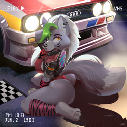 Size: 1849x1850 | Tagged: safe, artist:hinget, roxanne wolf (fnaf), canine, mammal, wolf, anthro, five nights at freddy's, five nights at freddy's: security breach, 2023, arms behind head, audi, breasts, butt, car, checkered flag, choker, clothes, ear piercing, female, filter, jacket, kneeling, leg warmers, legwear, leotard, looking at you, looking back, looking back at you, looking up, piercing, pose, retro, solo, solo female, spiked choker, toeless legwear, topwear, vehicle