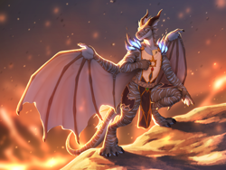 Size: 1100x825 | Tagged: safe, artist:smileeeeeee, oc, dracthyr, dragon, fictional species, reptile, anthro, blizzard entertainment, world of warcraft, 2023, claws, clothes, digital art, horns, loincloth, male, outdoors, paws, scales, solo, solo male, striped body, tail, wings