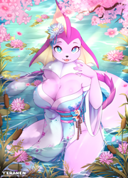 Size: 900x1250 | Tagged: safe, artist:teranen, eeveelution, fictional species, mammal, vaporeon, anthro, nintendo, pokémon, 2023, big breasts, blue eyes, breasts, cherry blossoms, cleavage, eyebrows, eyelashes, female, flower, flower in hair, glistening, glistening body, hair, hair accessory, kimono (clothing), lilypad, looking at you, pink body, plant, solo, solo female, water