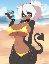 Size: 1200x1553 | Tagged: safe, artist:skwidbone, oc, oc only, fictional species, houndoom, mammal, anthro, nintendo, pokémon, 2023, beach, bedroom eyes, black nose, breasts, commission, detailed background, digital art, ears, eyelashes, female, fur, gold bikini, hair, horns, huge breasts, looking at you, solo, solo female, tail, thighs, wide hips