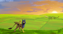 Size: 2605x1414 | Tagged: safe, artist:shido-tara, oc, bird, feline, fictional species, gryphon, mammal, feral, amputee, brown body, brown fur, commission, female, field, fur, grass, grass field, gray body, gray fur, landscape, looking at you, raised leg, red eyes, solo, solo female, standing, sunset, two toned body