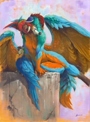 Size: 946x1280 | Tagged: safe, artist:scale, bird, canine, fox, macaw, mammal, parrot, anthro, feral, lifelike feral, beak, blue body, breasts, eyes closed, feathered wings, feathers, featured image, featureless breasts, featureless crotch, non-sapient, nudity, orange body, realistic, red body, signature, tail, tail feathers, traditional art, wings