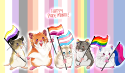 Size: 3117x1832 | Tagged: safe, artist:bugisland, hamster, mammal, rodent, feral, hamtaro (series), 2019, bisexual pride flag, daily deviation, duo, female, flag, group, lesbian pride flag, male, pride, pride flag, pride month, rainbow, transgender, transgender pride flag
