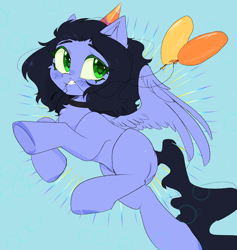 Size: 948x1000 | Tagged: safe, artist:thieftea, oc, oc only, oc:skiu, equine, fictional species, mammal, pegasus, pony, feral, friendship is magic, hasbro, my little pony, 2023, balloon, black hair, black mane, black tail, blue background, blue body, clothes, collar, cyan background, feathers, green eyes, hair, hat, headwear, mane, party hat, simple background, solo, spread wings, tail, wings