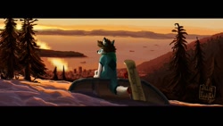 Size: 1280x720 | Tagged: safe, artist:jibkodi, oc, oc only, canine, dog, fox, husky, mammal, anthro, 2017, brown hair, detailed background, digital art, digital painting, hair, male, outdoors, plant, sitting, skis, snow, solo, solo male, tree