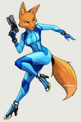 Size: 750x1125 | Tagged: safe, artist:roksodraws, diane foxington (the bad guys), canine, fox, mammal, anthro, dreamworks animation, metroid (series), nintendo, the bad guys, 2023, bedroom eyes, boots, breasts, clothes, cosplay, digital art, ears, eyelashes, female, fur, pink nose, shoes, solo, solo female, suit, tail, thighs, vixen, weapon, wide hips, zero suit