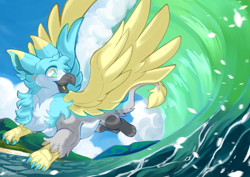 Size: 4092x2893 | Tagged: safe, artist:bomi, oc, bird, feline, fictional species, gryphon, mammal, feral, beak, claws, commission, cyan body, cyan eyes, digital art, ears, feathers, flying, fur, gray body, gray fur, open mouth, outdoors, paws, solo, tail, tail tuft, talons, water, wings