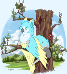 Size: 2696x2974 | Tagged: safe, artist:bomi, oc, bird, feline, fictional species, gryphon, mammal, feral, beak, commission, cream body, cyan body, digital art, ears, feathers, fur, gray body, gray fur, outdoors, paws, plant, signature, solo, tail, tail tuft, tree, wings, yellow eyes