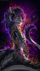 Size: 1016x1800 | Tagged: safe, artist:tanraak, dragon, fictional species, furred dragon, anthro, ambiguous gender, horns, looking at you, looking back, looking back at you, tail