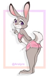 Size: 775x1220 | Tagged: safe, artist:aralyre, judy hopps (zootopia), lagomorph, mammal, rabbit, anthro, plantigrade anthro, disney, zootopia, arm behind back, bottomwear, bra, breasts, butt, clothes, crop top, dipstick ears, female, gesture, leaning forward, looking at you, midriff, peace sign, short shorts, short tail, shorts, side view, simple background, small breasts, solo, solo female, sports bra, sports shorts, tail, thick thighs, thighs, topwear, underwear, v sign, white background, wide hips