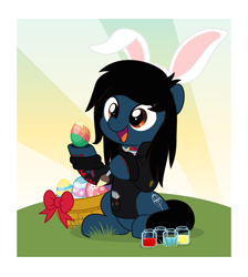 Size: 4477x5000 | Tagged: safe, artist:jhayarr23, earth pony, equine, fictional species, mammal, pony, feral, bring me the horizon, friendship is magic, hasbro, my little pony, oliver sykes, 2023, absurd resolution, bunny ears, clothes, commission, easter, easter egg, egg, equestria girls ponified, feralized, furrified, happy, holding, holiday, hoodie, hoof hold, hooves, lip piercing, long sleeves, male, outdoors, paintbrush, piercing, ponified, sitting, solo, solo male, stallion, tattoo, topwear, underhoof, ych result