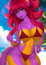 Size: 1000x1400 | Tagged: safe, artist:adorableinall, oc, oc only, cat, feline, mammal, anthro, 2023, beach, big breasts, bikini, bikini pull, breasts, clothes, commission, detailed background, digital art, ears, eyelashes, female, fur, hair, palm tree, pink nose, plant, solo, solo female, swimsuit, tail, thighs, tree, wide hips, ych result