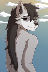 Size: 1447x2136 | Tagged: safe, artist:kironzen, oc, oc only, canine, mammal, wolf, anthro, 2023, bedroom eyes, black nose, bust, commission, digital art, ears, fur, glasses, hair, looking at you, looking back, looking back at you, portrait, rear view