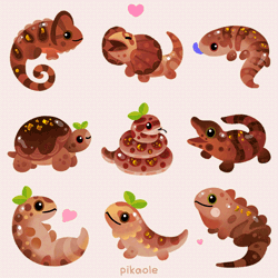 Size: 700x700 | Tagged: safe, artist:pikaole, bearded dragon, chameleon, fictional species, food creature, gecko, hybrid, iguana, lizard, reptile, snake, turtle, feral, 2d, 2d animation, ambiguous gender, ambiguous only, animated, chocolate, cute, eating, food, group, heart