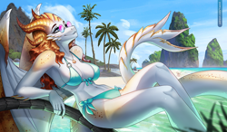 Size: 900x525 | Tagged: safe, artist:yasmil, oc, oc only, dragon, fictional species, anthro, 2023, beach, bikini, bikini bottom, bikini top, breasts, cleavage, clothes, commission, detailed background, digital art, dragoness, female, glasses, horns, jewelry, lounging, necklace, outdoors, palm tree, plant, round glasses, scales, side-tie bikini, solo, solo female, sunglasses, swimsuit, tail, tree, water, white body, wings