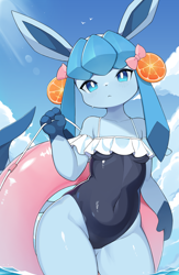 Size: 1176x1809 | Tagged: safe, artist:litee_, eeveelution, fictional species, glaceon, mammal, anthro, nintendo, pokémon, 2023, 2d, blue body, blue eyes, blue fur, blue hair, bow, clothes, cloud, cute, day, female, food, front view, fruit, fur, hair, hair bow, inflatable, looking at you, orange, sky, solo, solo female, swimsuit