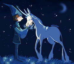 Size: 963x830 | Tagged: safe, artist:waackery, lady amalthea (the last unicorn), classical unicorn, equine, fictional species, mammal, unicorn, feral, the last unicorn, 2019, 2d, blushing, crescent moon, duo, duo male and female, eyes closed, female, male, moon, night, night sky, schmendrick (the last unicorn), sky, stars, wizard