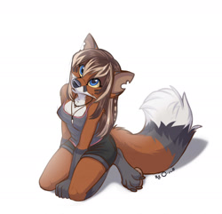 Size: 1955x1884 | Tagged: safe, artist:0-ruff, oc, oc only, oc:o-ruff, canine, fox, mammal, anthro, digitigrade anthro, blue eyes, clothes, ears, female, jewelry, looking up, multicolored body, necklace, simple background, sitting, solo, solo female, torn ear, white background