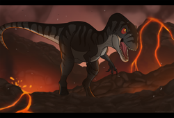 Size: 1280x870 | Tagged: safe, artist:mightyraptor, dinosaur, giganotosaurus, reptile, theropod, feral, 2d, lava, male, open mouth, solo, solo male, volcano