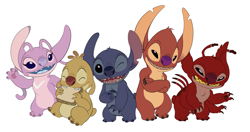 Size: 3131x1654 | Tagged: safe, artist:vanillabean-bunny, angel (lilo & stitch), experiment 627 (lilo & stitch), leroy (lilo & stitch), reuben (lilo & stitch), stitch (lilo & stitch), alien, experiment (lilo & stitch), fictional species, anthro, disney, lilo & stitch, 2023, 3 toes, 4 arms, 4 toes, antennae, antennae marking, back marking, back spines, bipedal, black eyes, blue body, blue claws, blue fur, blue mouth, blue nose, blue paw pads, blue tongue, body markings, buckteeth, chest fluff, chest marking, claws, colored tongue, crossed arms, digital art, dipstick antennae, ear marking, ears, eating, evil grin, eyelashes, feet, female, finger claws, fingers, flat colors, fluff, food, fur, gesture, grin, group, happy, head fluff, head marking, head tuft, holding, holding food, holding object, holding sandwich, leaning, leaning forward, long antennae, looking at you, male, multicolored antennae, multiple arms, multiple limbs, on model, one eye closed, open mouth, open smile, paw pads, paws, pink body, pink fur, pink tongue, purple claws, purple eyes, purple marking, purple nose, purple paw pads, red body, red fur, red nose, sandwich, scut tail, short tail, simple background, smiling, tail, teeth, toes, tongue, torn ear, waving, white background, white marking, winking, yellow body, yellow fur