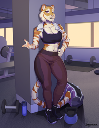 Size: 1688x2182 | Tagged: safe, artist:greasymojo, oc, oc only, big cat, feline, mammal, tiger, anthro, 2023, belly button, breasts, cheek fluff, cleavage, clothes, commission, detailed background, digital art, ears, eyelashes, female, fluff, fur, gym, hair, pose, solo, solo female, sports bra, sports pants, tail, thighs, topwear, wide hips