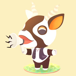 Size: 894x894 | Tagged: safe, artist:talicedraws, antelope, bovid, mammal, semi-anthro, animal crossing, nintendo, 2d, eyes closed, holding, holding object, male, megaphone, on model, open mouth, signature, simple background, solo, solo male, ungulate, yelling, yellow background, zell (animal crossing)