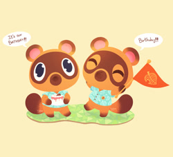 Size: 936x854 | Tagged: safe, artist:talicedraws, timmy nook (animal crossing), tommy nook (animal crossing), canine, mammal, raccoon dog, semi-anthro, animal crossing, nintendo, 2d, brother, brothers, cake, coat, dialogue, duo, duo male, english text, eyes closed, flag, food, holding, holding food, holding object, male, males only, on model, siblings, signature, simple background, talking, text, topwear, yellow background, young