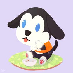 Size: 894x894 | Tagged: safe, artist:talicedraws, canine, dog, mammal, semi-anthro, animal crossing, nintendo, 2d, blep, bowl, container, male, on model, paw pads, paws, purple background, signature, simple background, sitting, solo, solo male, tongue, tongue out, walker (animal crossing)