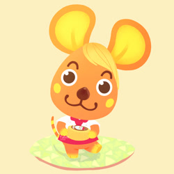 Size: 894x894 | Tagged: safe, artist:talicedraws, bettina (animal crossing), mammal, mouse, rodent, semi-anthro, animal crossing, nintendo, 2d, bottomwear, cake, clothes, dress, female, food, holding, holding food, holding object, looking at you, murine, on model, signature, simple background, smiling, smiling at you, solo, solo female, yellow background