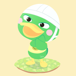 Size: 780x780 | Tagged: safe, artist:talicedraws, bird, duck, waterfowl, semi-anthro, animal crossing, nintendo, 2d, beak, clothes, male, on model, open beak, open mouth, scoot (animal crossing), shirt, signature, simple background, solo, solo male, standing, topwear, yellow background