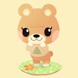 Size: 894x894 | Tagged: safe, artist:talicedraws, maple (animal crossing), bear, mammal, semi-anthro, animal crossing, nintendo, 2d, clothes, female, leaf, maple leaves, on model, signature, simple background, smiling, solo, solo female, standing, sweater, topwear, yellow background