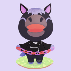 Size: 894x894 | Tagged: safe, artist:talicedraws, roscoe (animal crossing), equine, horse, mammal, semi-anthro, animal crossing, nintendo, 2d, chains, eyes closed, male, on model, open mouth, purple background, signature, simple background, solo, solo male, stallion, standing, ungulate