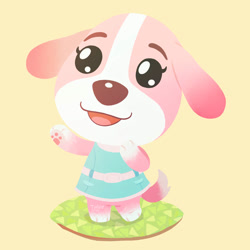 Size: 894x894 | Tagged: safe, artist:talicedraws, cookie (animal crossing), canine, dog, mammal, semi-anthro, animal crossing, nintendo, 2d, bottomwear, clothes, dress, female, on model, open mouth, open smile, paw pads, paws, signature, simple background, smiling, solo, solo female, yellow background