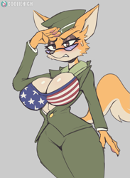 Size: 1353x1845 | Tagged: safe, artist:cooliehigh, lt. fox vixen (squirrel and hedgehog), canine, fox, mammal, anthro, squirrel and hedgehog, 2023, american flag bikini, bikini, bikini top, blushing, breasts, cleavage, clothes, embarrassed, female, flag bikini, glasses, hat, headwear, lidded eyes, military uniform, salute, simple background, solo, solo female, swimsuit, unbuttoned