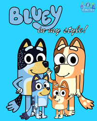 Size: 1616x2020 | Tagged: safe, artist:mrstheartist, bandit heeler (bluey), bingo heeler (bluey), bluey heeler (bluey), chilli heeler (bluey), australian cattle dog, canine, dog, mammal, semi-anthro, bluey (series), black outline, blue background, bright colors, daughter, family, father, father and child, father and daughter, female, group, heeler family, husband, husband and wife, male, mother, mother and daughter, mother and father, parents, quartet, siblings, simple background, sister, sisters, wife