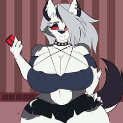 Size: 1919x1919 | Tagged: suggestive, artist:oleanderin, loona (vivzmind), canine, fictional species, hellhound, mammal, anthro, hazbin hotel, helluva boss, 2023, areola, areola slip, belly button, bottomwear, breast expansion, breasts, cameltoe, cell phone, clothes, colored sclera, crop top, digital art, ears, expansion, eyelashes, female, fur, hair, hand on hip, huge breasts, nipple outline, phone, pose, red sclera, shorts, smartphone, solo, solo female, tail, tank top, thick thighs, thigh expansion, thighs, topwear, wide hips