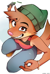 Size: 1524x2250 | Tagged: safe, artist:chilllum, oc, oc only, oc:denise wolf (the bad guys), canine, fox, hybrid, mammal, wolf, anthro, dreamworks animation, the bad guys, 2023, alternate universe, beanie, bottomwear, bracelet, breasts, cap, cleavage, clothes, digital art, ears, eyelashes, female, fingers, fur, hair, hat, headwear, jewelry, looking at you, looking up, looking up at you, middle finger, pants, pink nose, pose, shirt, smiling, smiling at you, solo, solo female, tail, thighs, topwear, vixen, vulgar, wallet, wide hips