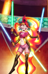 Size: 2767x4236 | Tagged: safe, artist:rublegun, queen bee-lzebub (vivzmind), arthropod, bee, canine, demon, fennec fox, fictional species, fox, hybrid, insect, mammal, anthro, digitigrade anthro, disney, helluva boss, star wars, 4 arms, 4 fingers, absurd resolution, bottomwear, clothes, deadly sin, dual wielding, female, fur, hair, high res, holding, holding object, holding weapon, lightsaber, melee weapon, multicolored fur, multicolored hair, shorts, sin of gluttony, solo, solo female, vixen, weapon