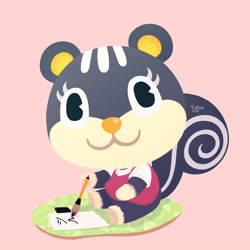 Size: 894x894 | Tagged: safe, artist:talicedraws, mammal, rodent, squirrel, semi-anthro, animal crossing, nintendo, 2d, blaire (animal crossing), bottomwear, clothes, dress, female, holding, holding object, looking at you, on model, paintbrush, painting, paper, pink background, signature, simple background, sitting, smiling, smiling at you, solo, solo female