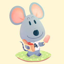 Size: 894x894 | Tagged: safe, artist:talicedraws, samson (animal crossing), mammal, mouse, rodent, semi-anthro, animal crossing, nintendo, 2d, apple, bag, bread, clothes, container, food, fruit, holding, holding food, holding object, japanese text, male, on model, popsicle, shirt, signature, simple background, smiling, solo, solo male, text, topwear, walking, yellow background