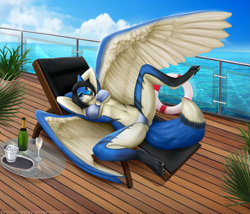 Size: 1975x1688 | Tagged: suggestive, artist:paintchaser, oc, oc:berlinetta (dragonchap), canine, mammal, wolf, anthro, alcohol, bikini, bikini bottom, bikini top, black body, black fur, black hair, blue body, blue eyes, blue fur, bottle, champagne, clothes, container, cream body, cream fur, digital art, ears, feathers, female, fur, glass, hair, looking at you, lying down, outdoors, paws, solo, solo female, swimsuit, tail, water, wings