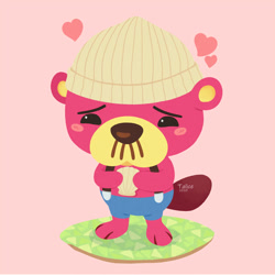 Size: 894x894 | Tagged: safe, artist:talicedraws, pascal (animal crossing), mammal, mustelid, otter, semi-anthro, animal crossing, nintendo, 2d, blushing, clothes, hat, headwear, heart, love heart, male, on model, overalls, pink background, seashell, signature, simple background, solo, solo male, standing